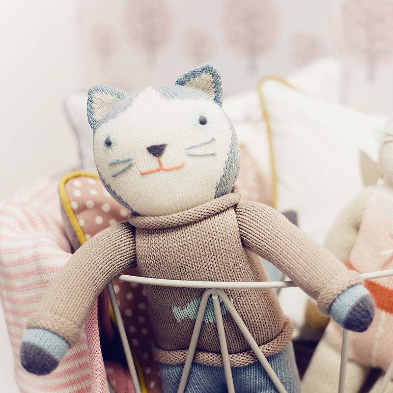 American Blabla Kids | Cotton Knitting Doll (Big Only) - Sweater Blue Cat B21040020 - ของเล่นเด็ก - ผ้าฝ้าย/ผ้าลินิน สีเทา