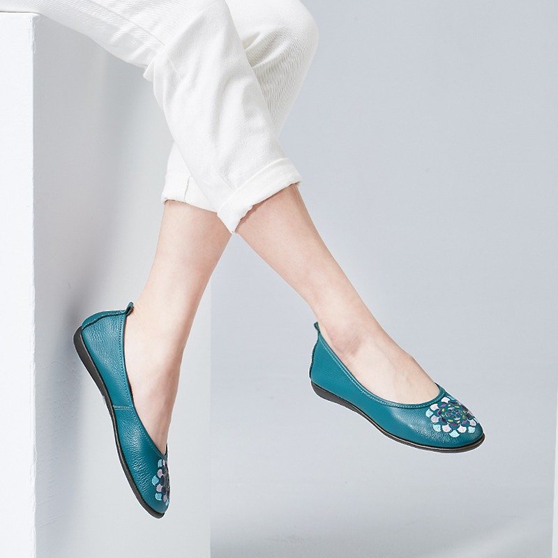 Midsummer Flowers- peacock blue - Mary Jane Shoes & Ballet Shoes - Genuine Leather Green