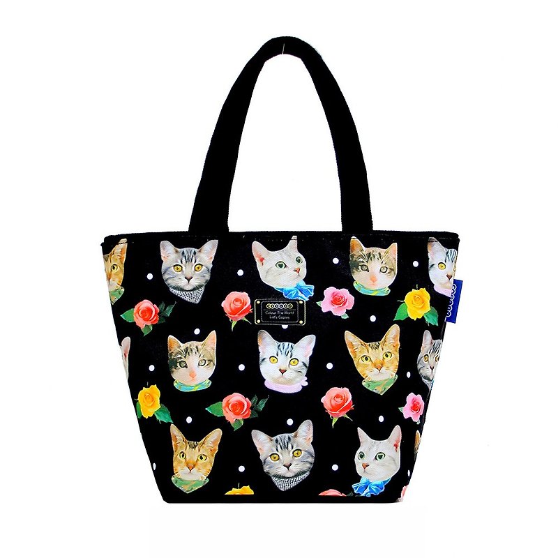 Fashion cats | small tote bag | bag | lunch box bags | canvas bags | spill-resistant design | portable packet - กระเป๋าถือ - วัสดุกันนำ้ สีดำ