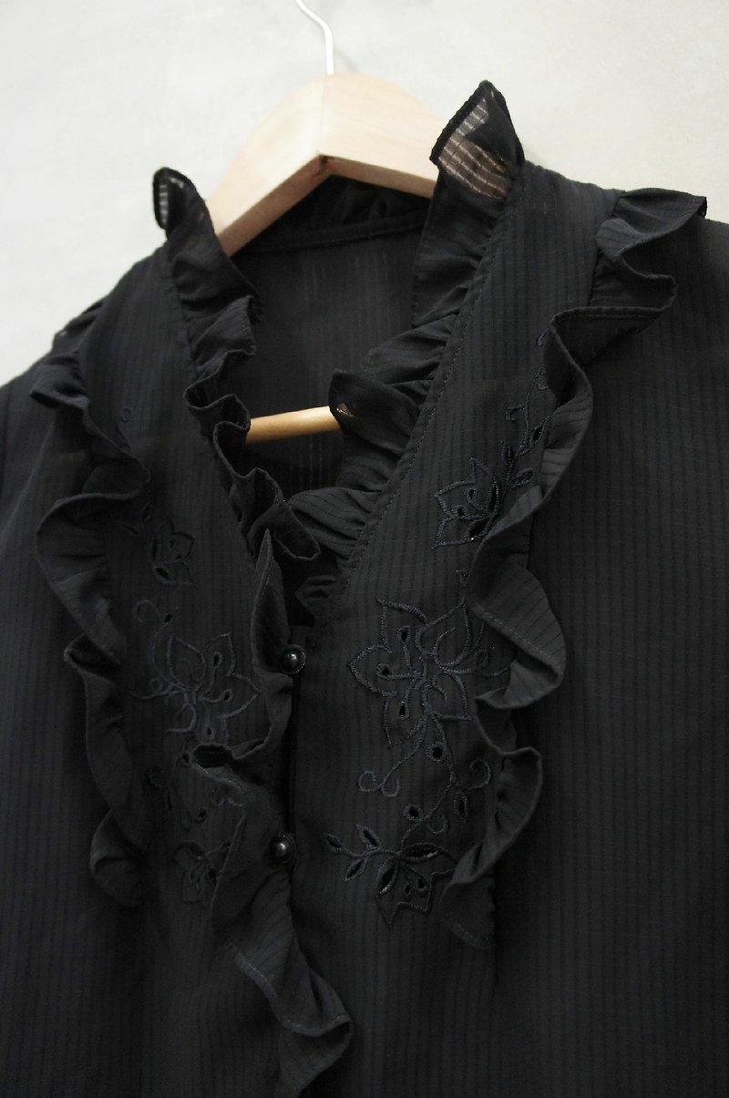 PdB 古著 黑色直紋雪紡質 維多莉亞領 襯衫 - 女襯衫 - 其他材質 黑色