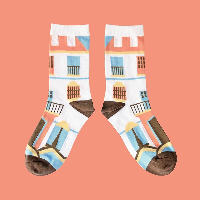 Street Bar White Unisex Crew Socks | mens socks | womens socks | colorful fun & comfortable socks - ถุงเท้า - ผ้าฝ้าย/ผ้าลินิน สีเขียว