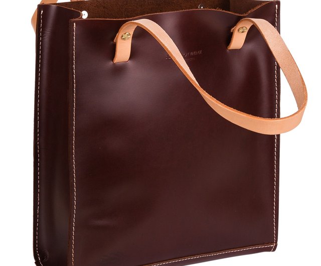 Tote Leather Bag in Dark Burgundy Brown. Leather Shopper in 