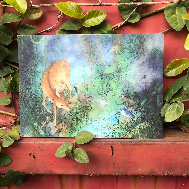 【森の中へ/物語イラストポストカード】/ニホンジカ/癒やし/森 - カード・はがき - 紙 グリーン