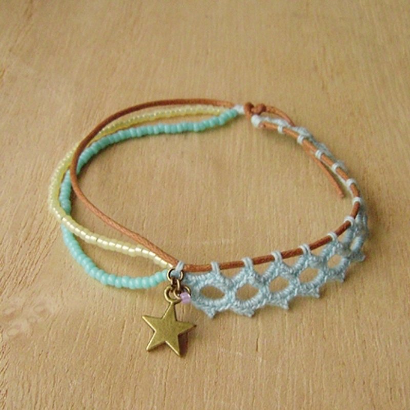 Small lace on the 28th. Great small travel (blue). Forest Department braided bracelet. star. Lace. Asymmetry. Multilevel - Bracelets - Cotton & Hemp Blue