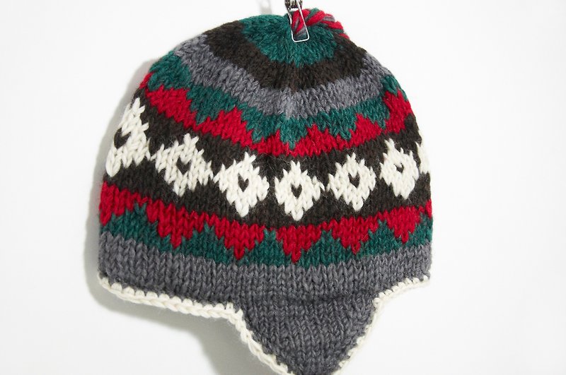 剛毛/フライトキャップ/編み帽子/ウールキャップ内のバレンタインデーの贈り物の手編みのウールの帽子/ハンドニットキャップ - 赤と灰色の東ヨーロッパスタイル幾何学模様（マニュアルリミットA） - 帽子 - その他の素材 多色