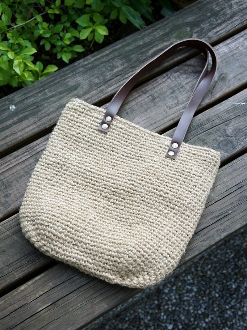 秋日編織風手提包_束口型 hemp bag (purse-string bag) - トート・ハンドバッグ - 寄せ植え・花 カーキ