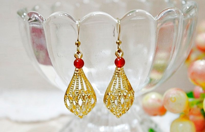 Brass natural stone * X * _ hook flower basket earrings limited X1 // // - ต่างหู - โลหะ สีแดง