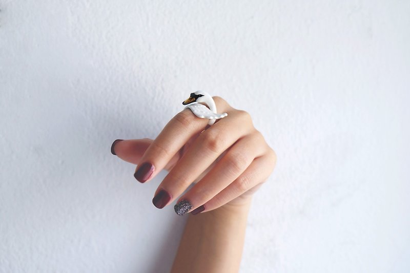 Swan Ring, Handmade hi-quality enamel jewellery. - General Rings - Copper & Brass White