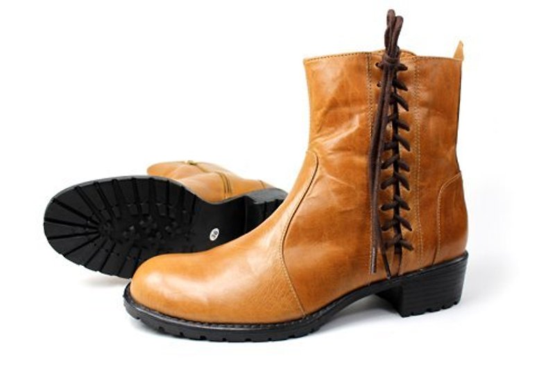 Brown | boots side straps (existing size # 39) - รองเท้าบูทสั้นผู้หญิง - หนังแท้ สีทอง