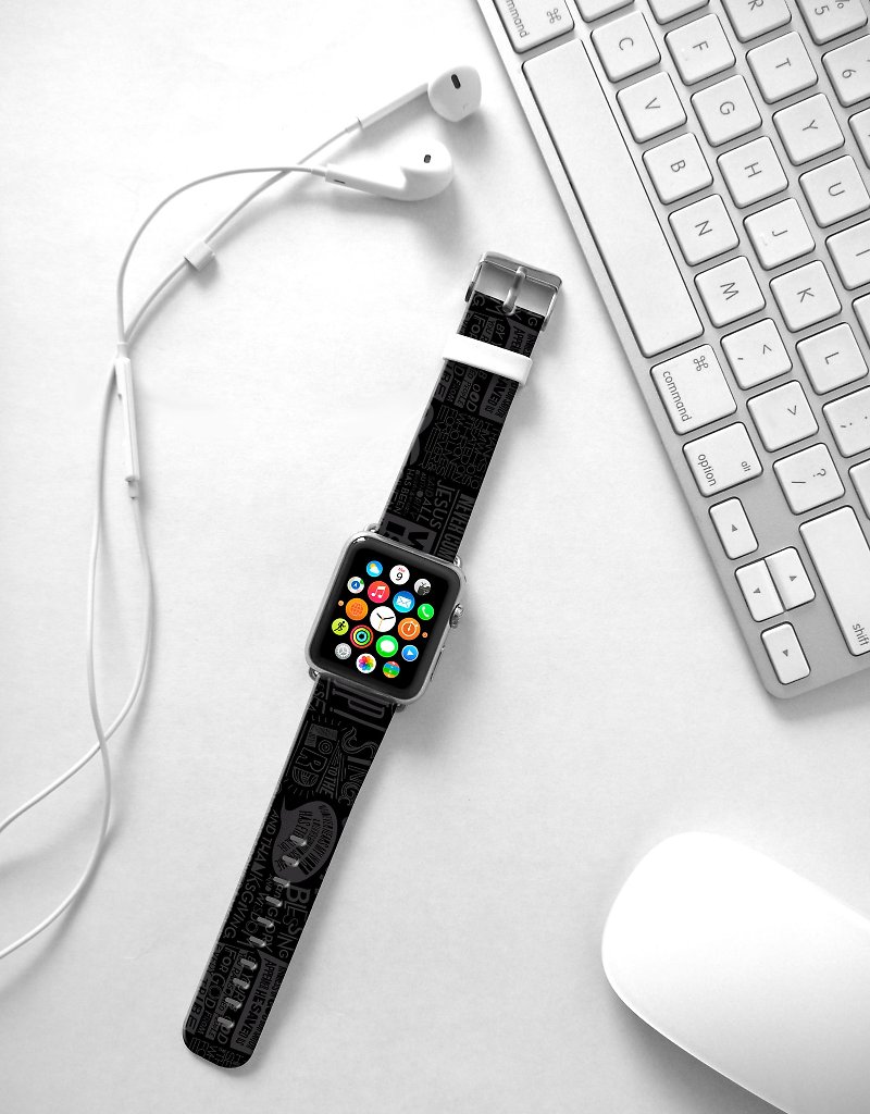 Apple Watch Series 1 , Series 2, Series 3 - Black Words Pattern Watch Strap Band for Apple Watch / Apple Watch Sport - 38 mm / 42 mm avilable - สายนาฬิกา - หนังแท้ 
