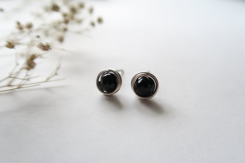 925 sterling silver black agate stud earrings - Clip-On - ต่างหู - เงินแท้ สีดำ