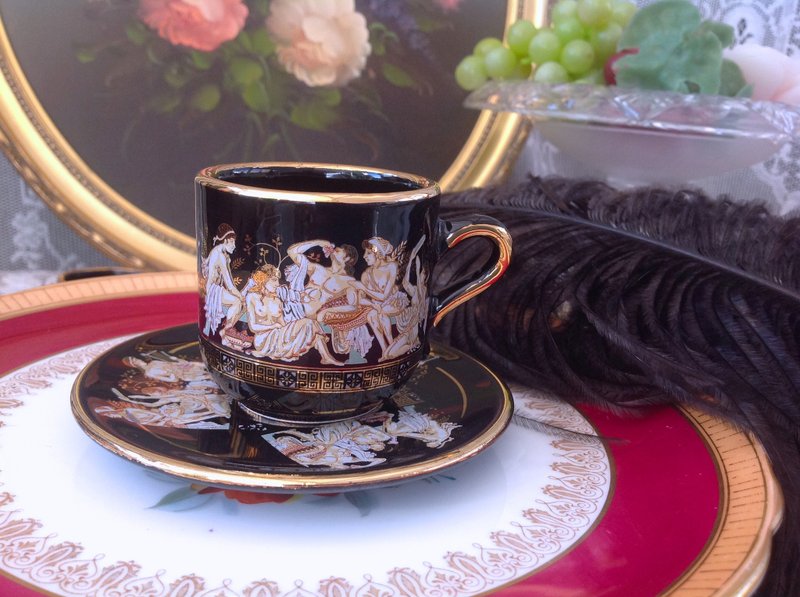 ♥安妮瘋古物♥ vintage 復古古董希臘陶瓷手繪24k 金圖騰純手工製作希臘神話系列咖啡杯兩件組 ~ 送禮 - 咖啡杯/馬克杯 - 其他材質 黑色