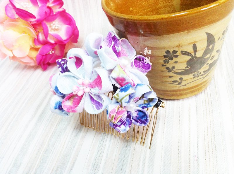 日本の手作りの頭花粉青い花のボールの髪を挿入した森の少女レトロと風髪アクセサリー着物バスローブCOS - ヘアアクセサリー - その他の素材 ブルー
