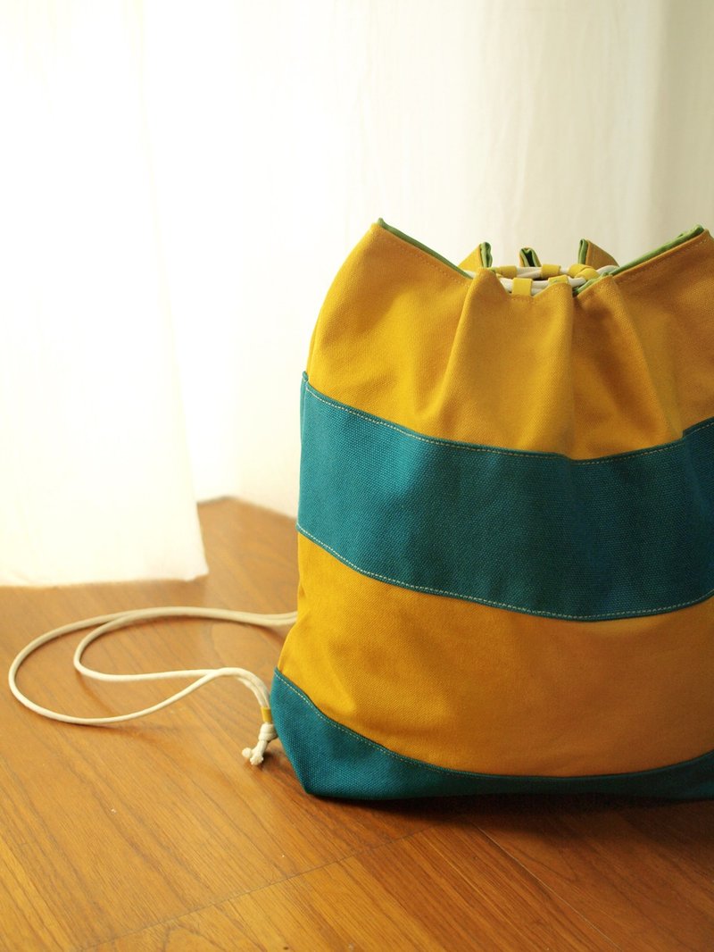A square ♡ exclusive package beam mouth back dual-use handbag turquoise blue + yellow * - Drawstring Bags - Other Materials Multicolor