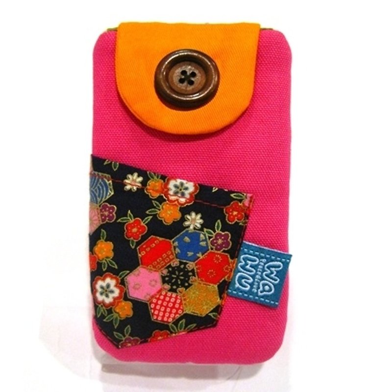 Mobile phone pocket (Pink)/cotton fabric with push button / Cell phone case cover / mobile phone bag / pouch pocket / purse wallet with strap - เคส/ซองมือถือ - ผ้าฝ้าย/ผ้าลินิน สึชมพู