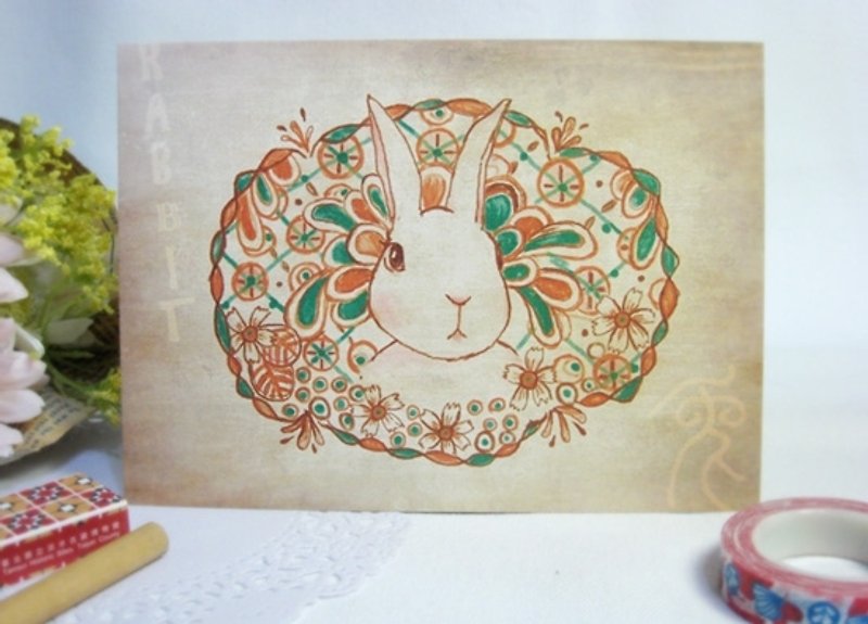 <花叢中的兔子>明信片 - 心意卡/卡片 - 紙 咖啡色