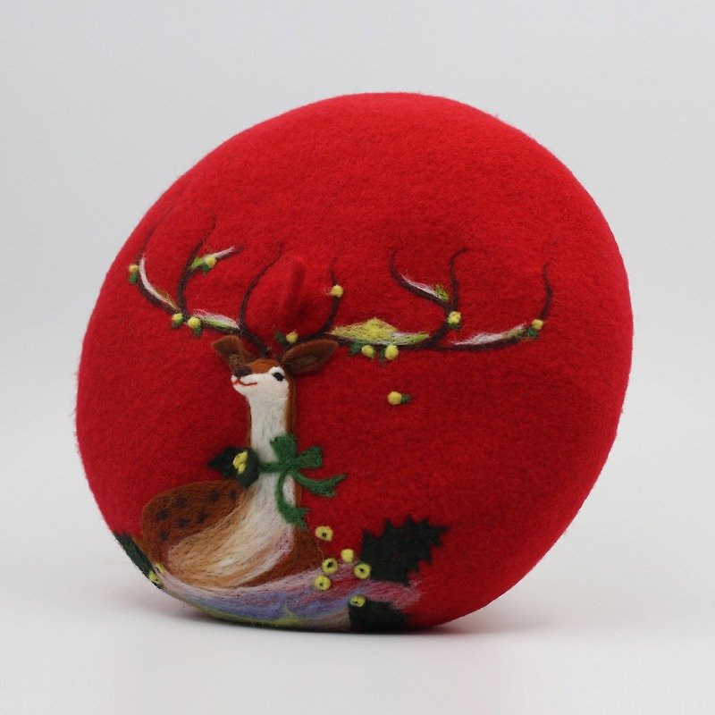 Christmas gift original handmade wool felt beret painter hat needle felt three-dimensional deer-red - หมวก - ขนแกะ สีแดง