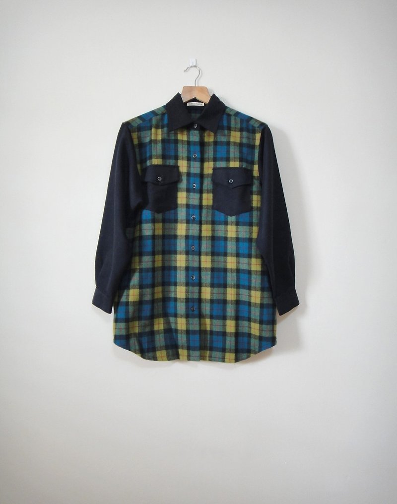 [Addition X Addition_ hand made. Vintage engraving. Blue, green and red plaid bottom. Shirt] - Women's Shirts - Other Materials 