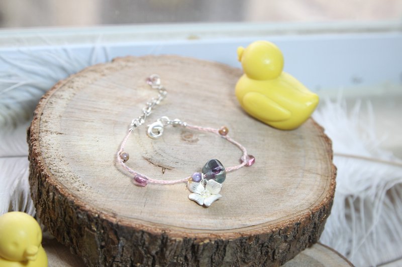 KNIT WITH LOVE Harmonia hexagonal Stone with a pink orchid hand made Silver bracelet - Bracelets - Gemstone Multicolor