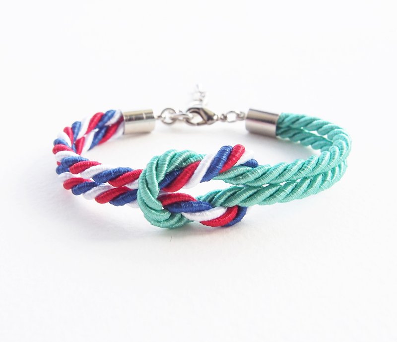 Dark mint and Tri-color rope knot bracelet - สร้อยข้อมือ - วัสดุอื่นๆ สีเขียว