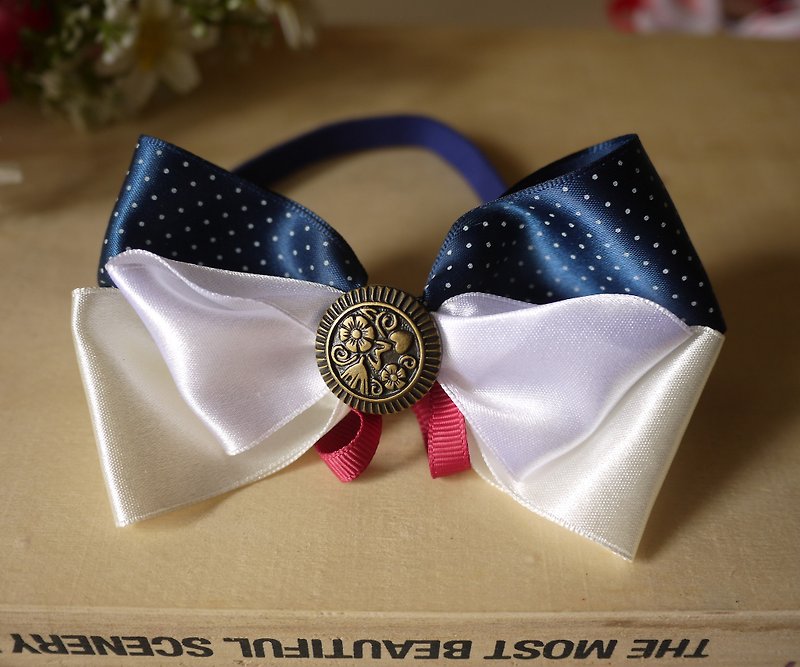 Safety pet collar x calm dark blue water jade little retro cat and dog/neck strap/bow tie/tweeted ♥Cherry Pudding♥ - Collars & Leashes - Cotton & Hemp Blue