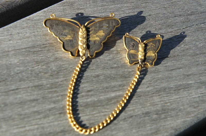 Gold-plated double butterfly brooch PdB Picks New York antiques - เข็มกลัด - วัสดุอื่นๆ สีทอง