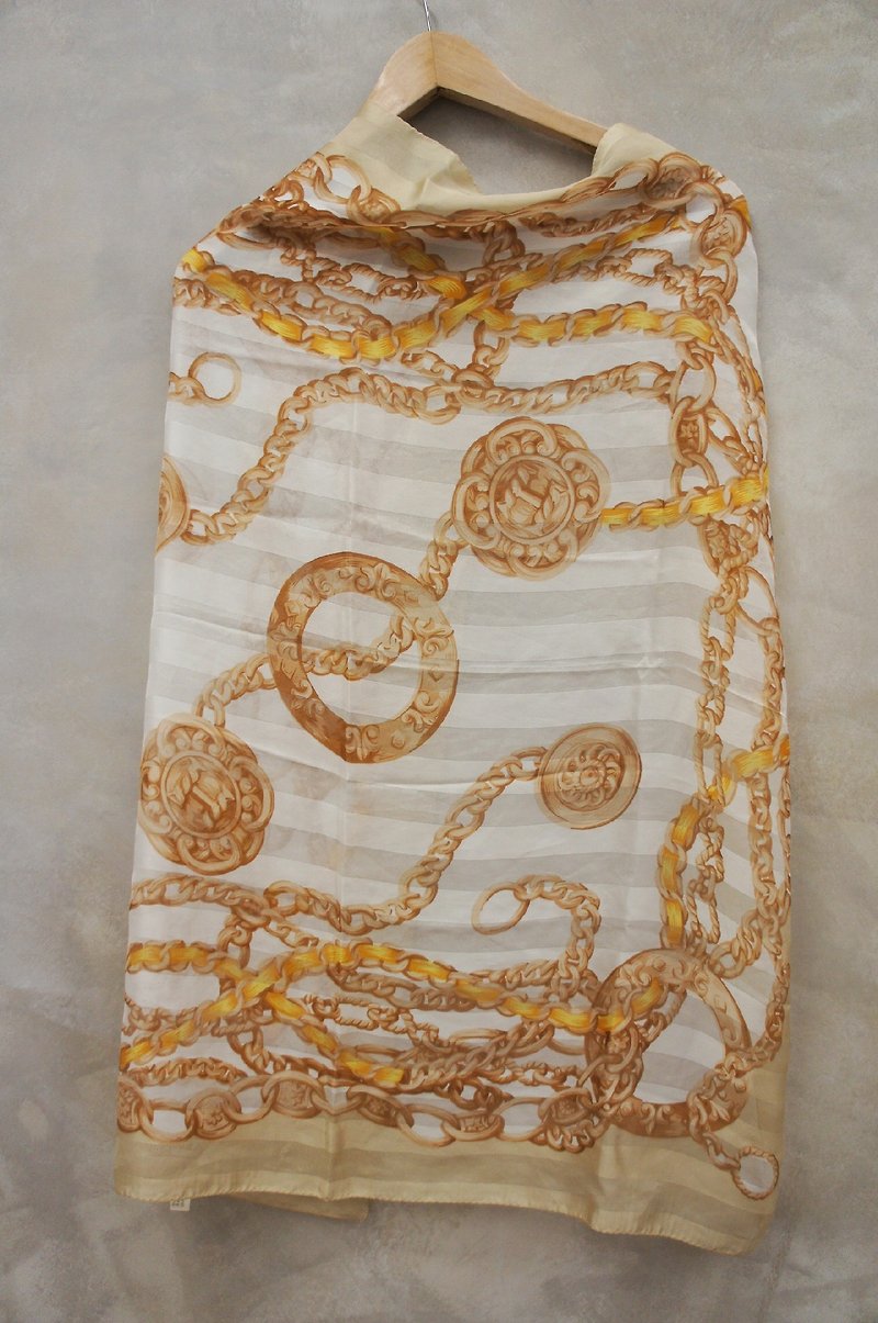 淡茶色系 鎖鏈珠寶圖騰 絲質復古方巾 PdB 古著 - 絲巾 - 其他材質 金色
