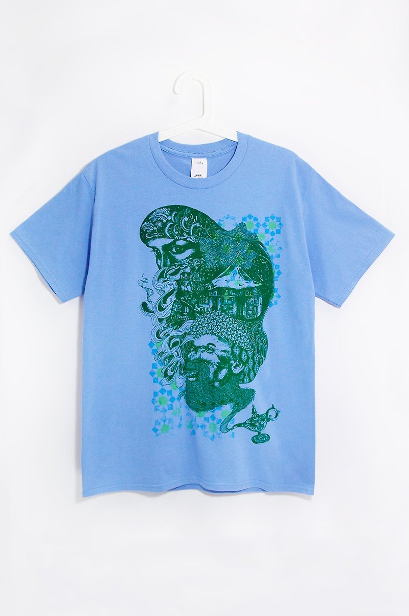 男裝合身純棉插畫Tee / T-shirt - 跟著神燈去旅行吧! - 男 T 恤 - 紙 藍色