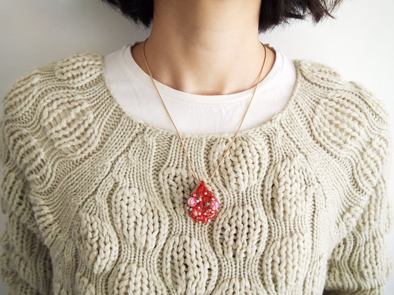 Custom hand-braided Bronze wire with plastic beads pendant link chain ● manufactured in Hong Kong - Necklaces - Other Materials Orange