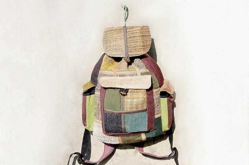 限量手工拼接設計後背包-HEMP幾何拼接 - Backpacks - Other Materials Khaki