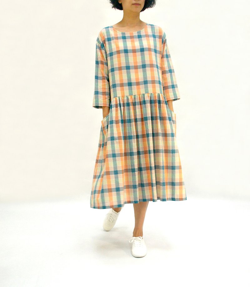 Forest Seasons} {padded knee sleeve plaid dress (100% cotton) - the last one clearing price! ! - One Piece Dresses - Cotton & Hemp 