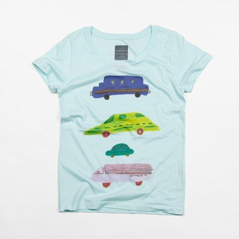Automotive illustration T-shirt illustration Tcollector Funny design T-shirt - เสื้อยืดผู้หญิง - ผ้าฝ้าย/ผ้าลินิน สีน้ำเงิน
