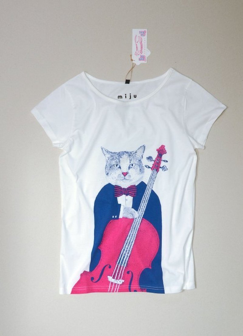 Cat Cello T-shirt (blue + pink) (warehouse to find the last one) - เสื้อยืดผู้หญิง - ผ้าฝ้าย/ผ้าลินิน สีน้ำเงิน