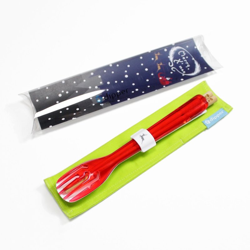 dipper 3合1檜木環保餐具組(聖誕麋鹿限定版-莓果紅叉) - 箸・箸置き - プラスチック レッド