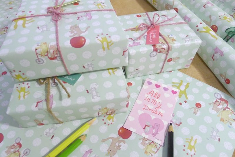 包裝紙 小貓咪與青青草綠色點點(同花色3張附贈品) - 木工/竹藝/紙雕 - 紙 綠色