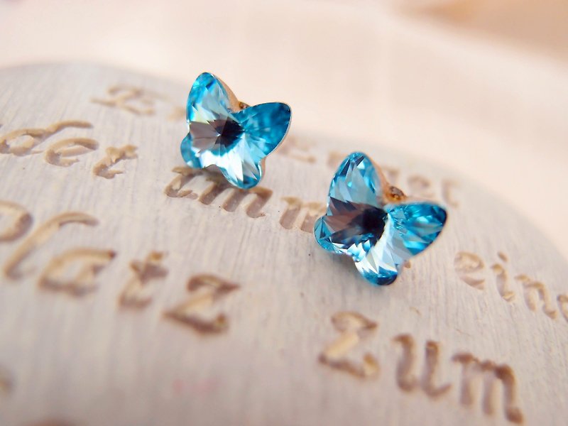 《DODOWU手作輕珠寶》【奧地利水晶※蝴蝶鑽耳環】 - 耳環/耳夾 - 寶石 藍色
