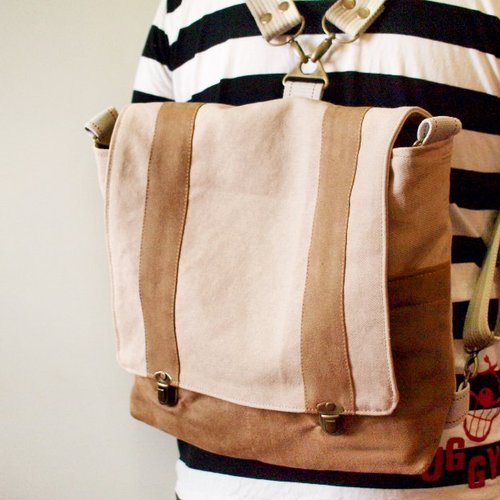 1pinfun canvas chamois cloth dual Backpack beige camel *