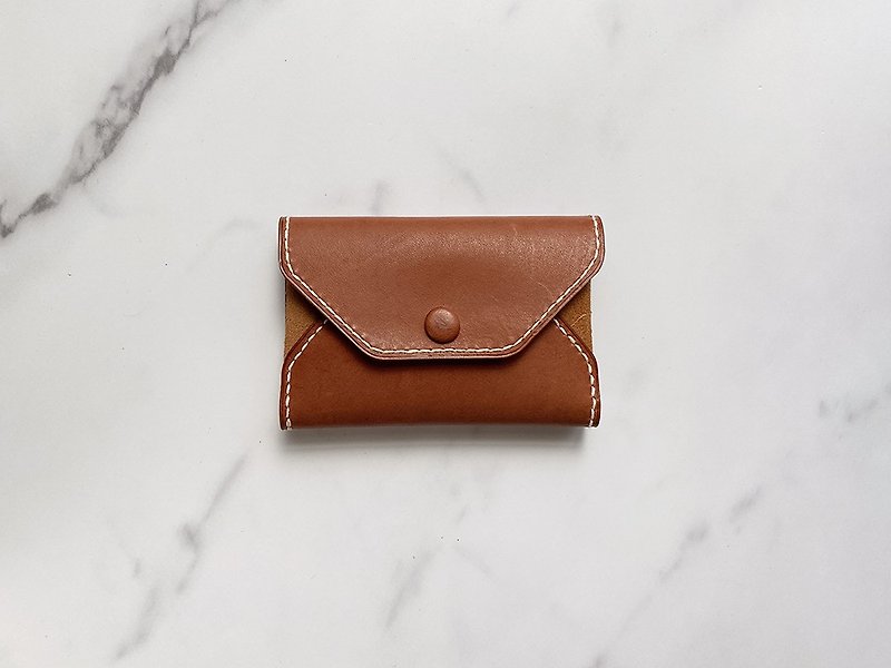 Hand Stitched Vintage Brown Double Colorblock Leather Card Coin Purse - Card Holders & Cases - Genuine Leather Khaki