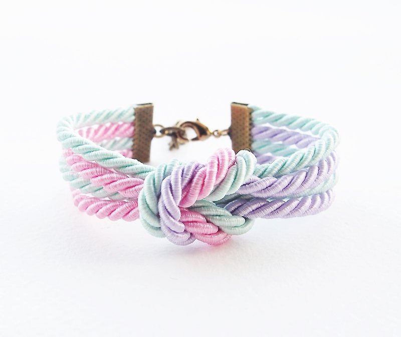 Light mint , lilac , baby pink double knot bracelet [Brass clasp] - สร้อยข้อมือ - วัสดุอื่นๆ หลากหลายสี