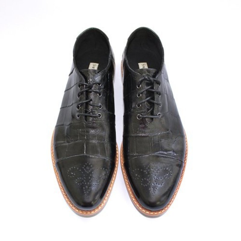 Crocodile Plain Toe-Cap Oxford Leather Shoe M1088 Black - รองเท้าลำลองผู้ชาย - หนังแท้ สีดำ