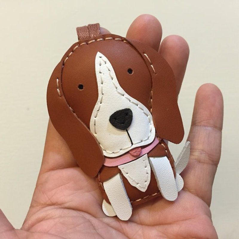 Handmade leather} {Leatherprince Taiwan MIT coffee / white terrier cute hand sewn leather strap / Tanny the Beagle cowhide leather charm in Brown / white (Small size / small size) - Keychains - Genuine Leather Brown