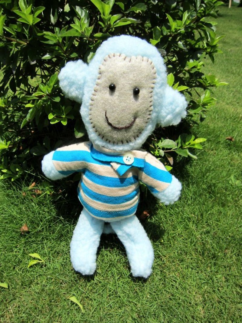 Monkey, Handmade plush animal, Ocean blue, Stripe T-shirt - Stuffed Dolls & Figurines - Other Materials Blue