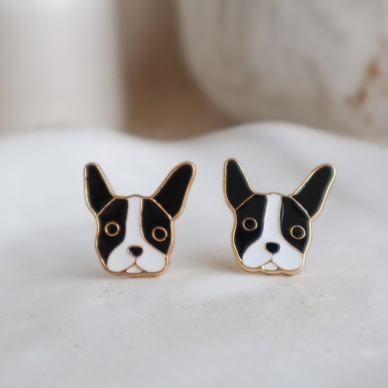 French Bulldog, dog, paw earrings and clip-ons - ต่างหู - วัตถุเคลือบ สีดำ