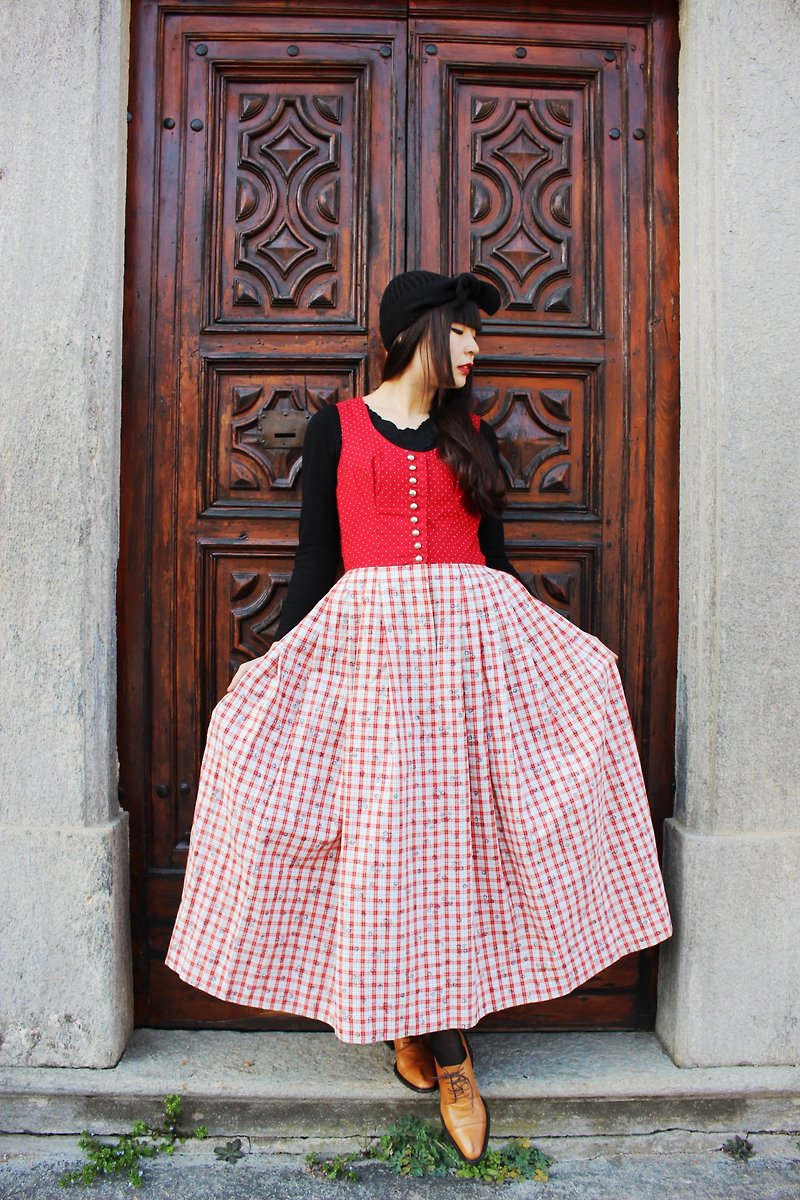 F823(Vintage)紅色精緻點點拼接格紋印花棉質背心洋裝(奧地利傳統Dirndl) - 洋裝/連身裙 - 其他材質 紅色