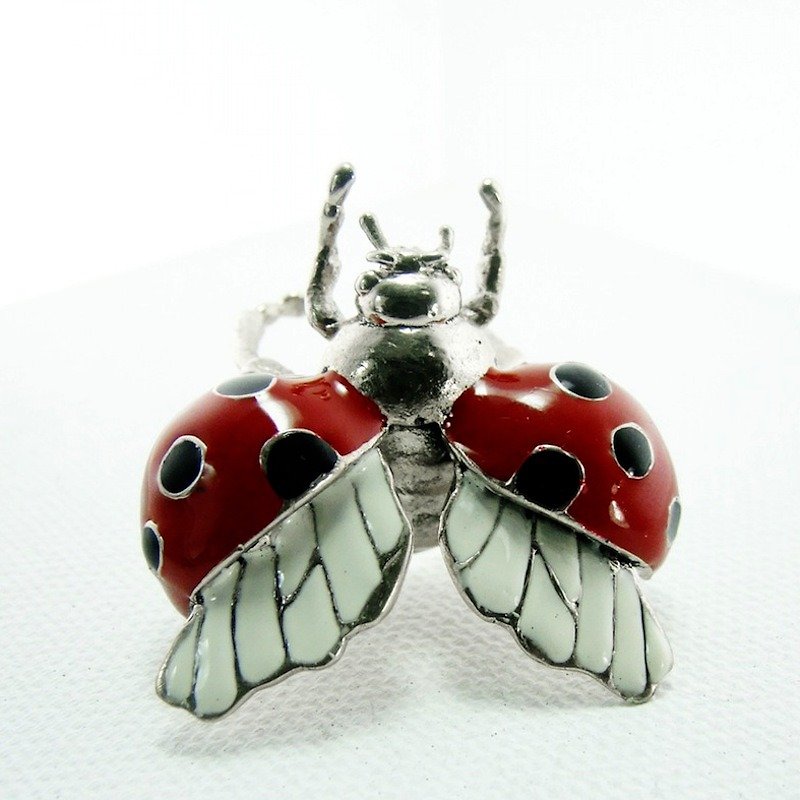 ladybug ring in white bronze with enamel color - 戒指 - 其他金屬 