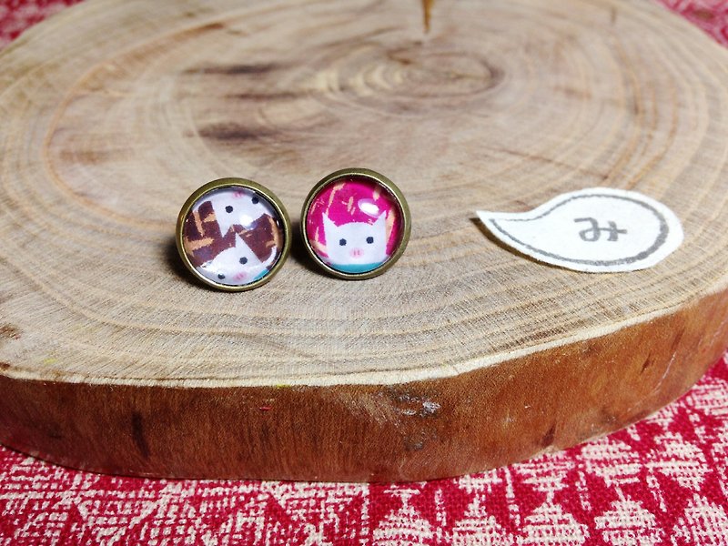 【Earrings】The secret of Big Brother Pig*Can be changed to clip style - Earrings & Clip-ons - Other Metals Red