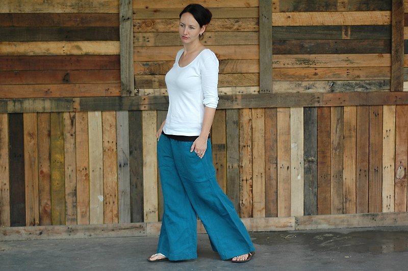 Handmade cotton wide pants - Blue - Women's Pants - Cotton & Hemp Green