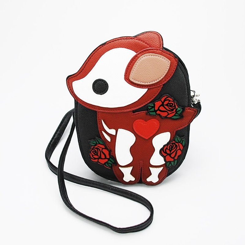 Sleepyville Critters - Deer Skeleton With Heart And Flowers Shoulder Crossbody Bag - Messenger Bags & Sling Bags - Genuine Leather Red