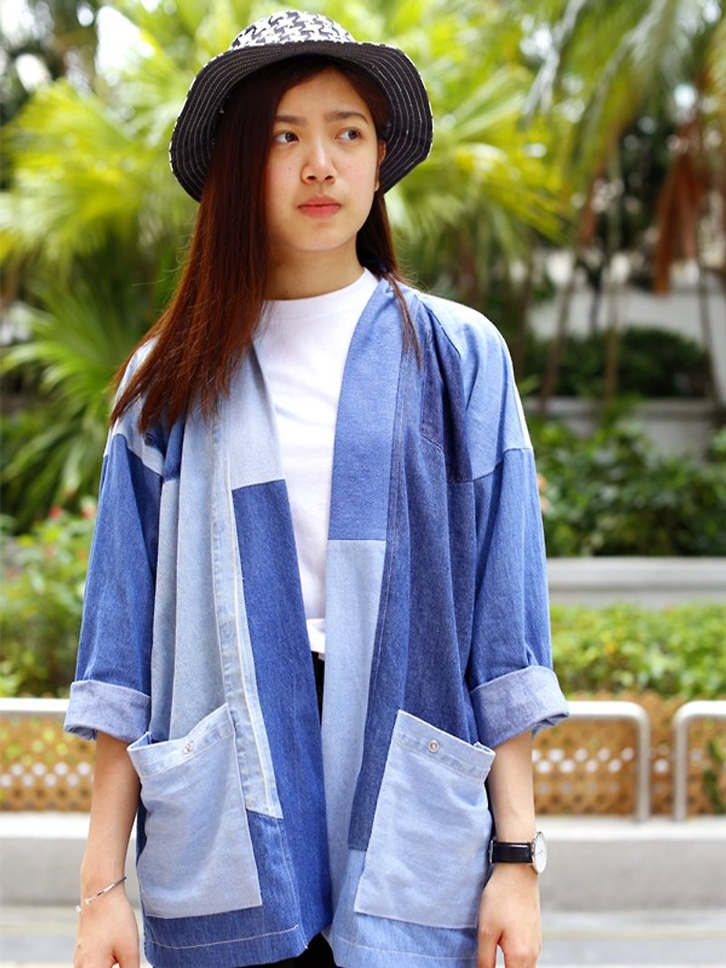 Denim Patchwork Kimono - เสื้อแจ็คเก็ต - ผ้าฝ้าย/ผ้าลินิน 