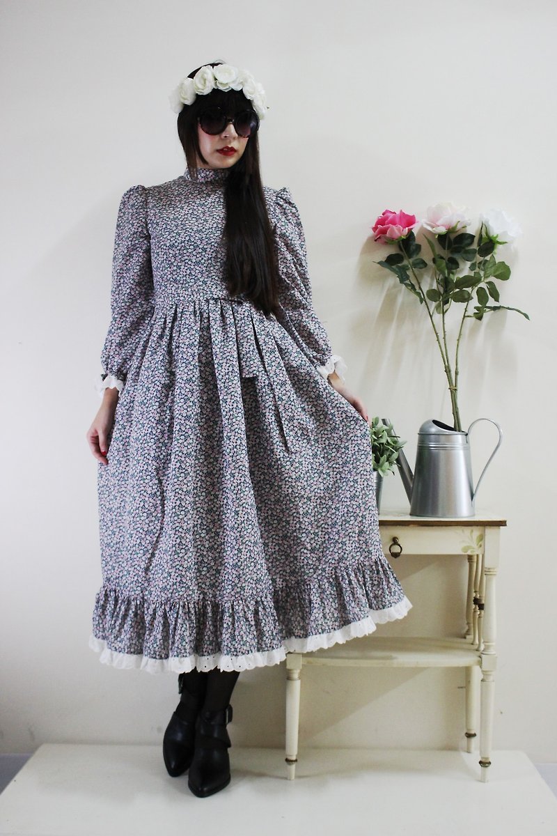 F1546 (Vintage) waist straps attached pink floral cotton long-sleeved vintage dress (wedding / picnic / party) - One Piece Dresses - Other Materials Pink